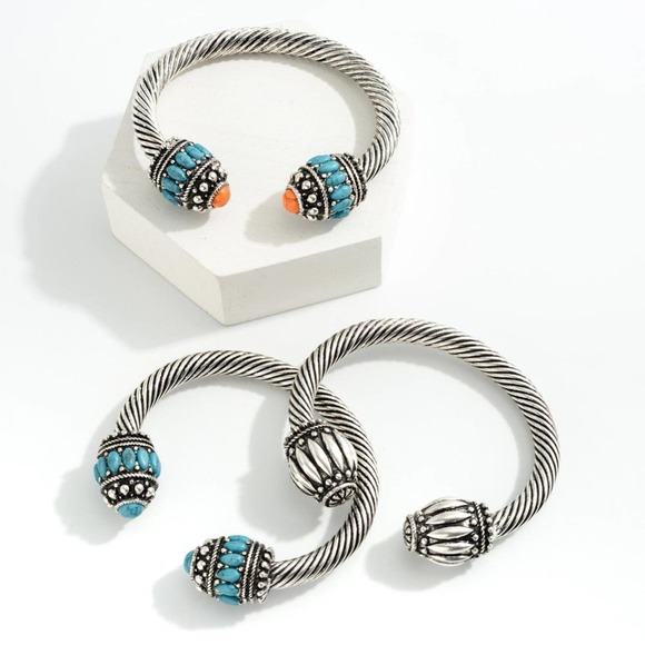 Twisted Cable Metal Western Bangle With Turquoise Stone Accents - Picture 3 of 3